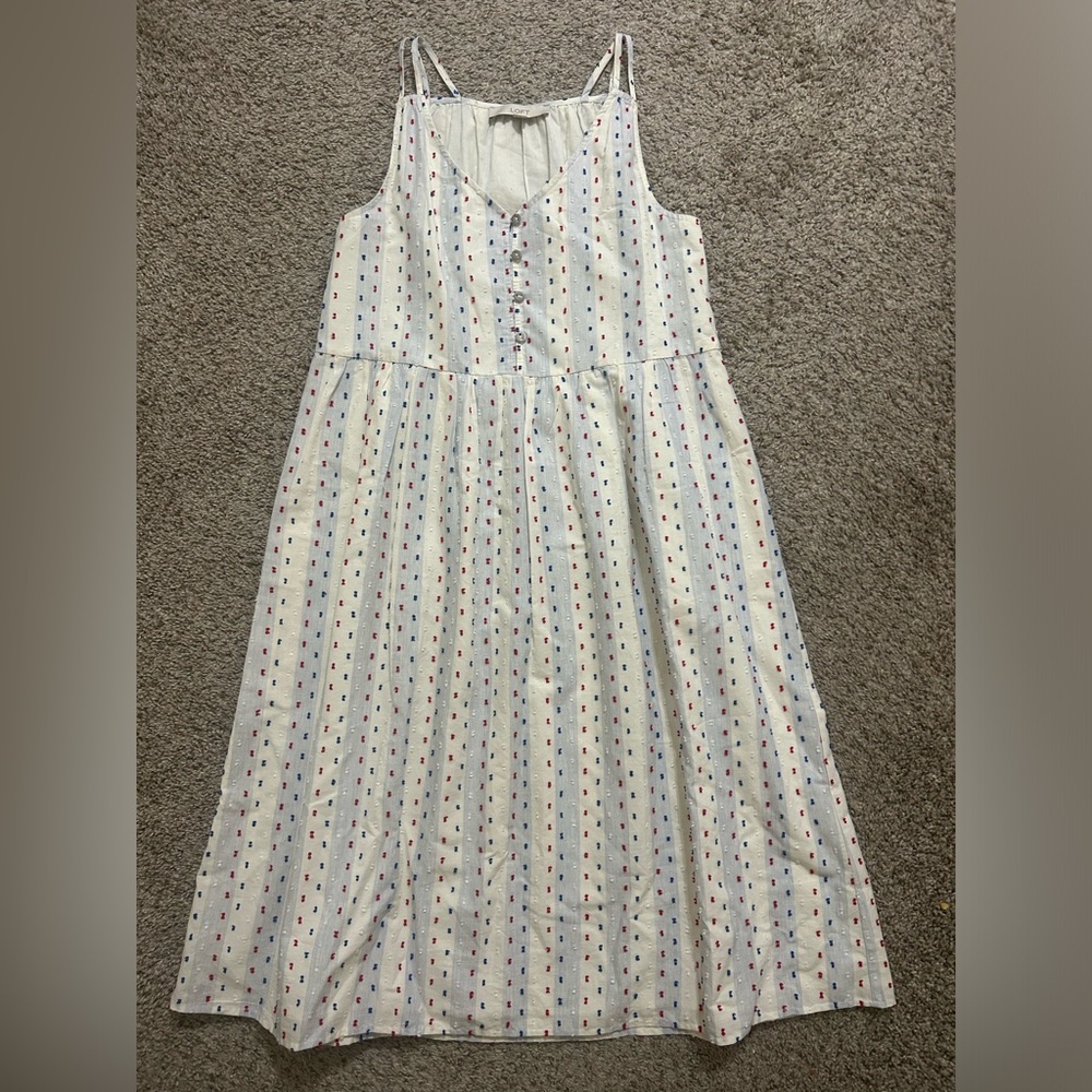 LOFT White Midi Dress with Blue and Pink Dot Stripe